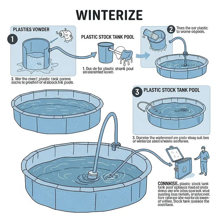 A diagram showing the correct process for winterizing a plastic stock tank pool, from draining the water to storing the pump.