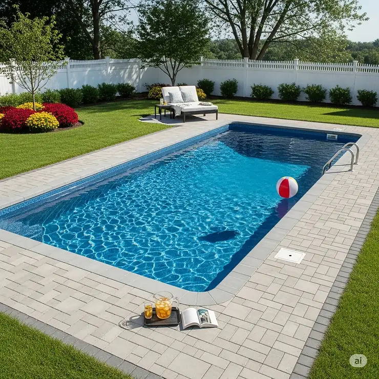 A durable poly pool installed in a well-maintained backyard, ready for summer use.