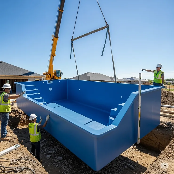 A poly pool being constructed, showcasing the robust, single-piece polymer material.