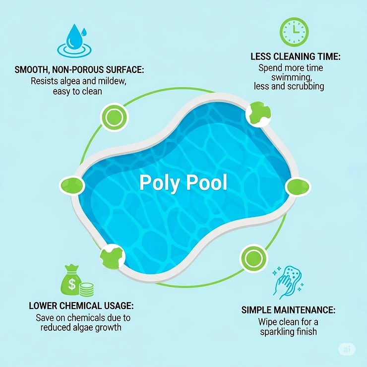 An infographic illustrating the low-maintenance benefits of owning a poly pool, including its smooth, non-porous surface.