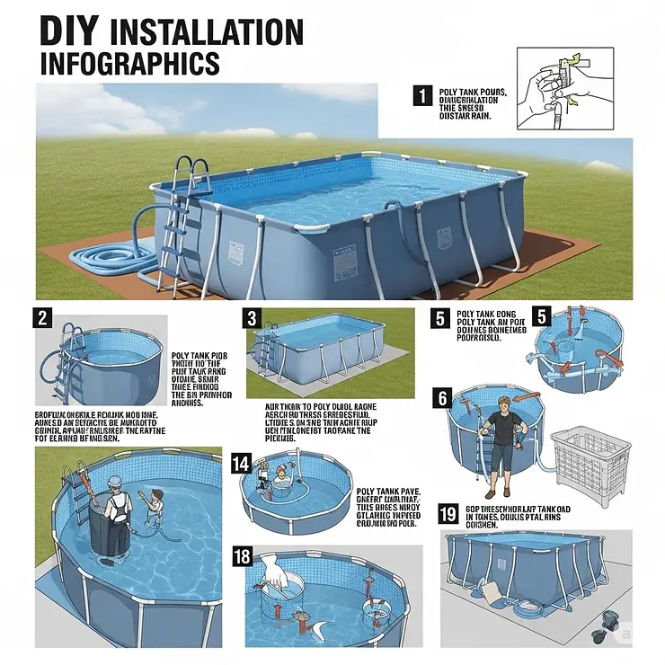 An infographic illustrating the step-by-step installation process for a DIY poly tank pool, from site preparation to filling.