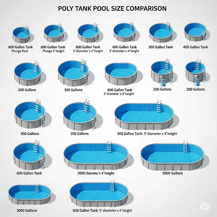 A visual comparison chart showing the various sizes of poly tanks available for creating different poly tank pools.