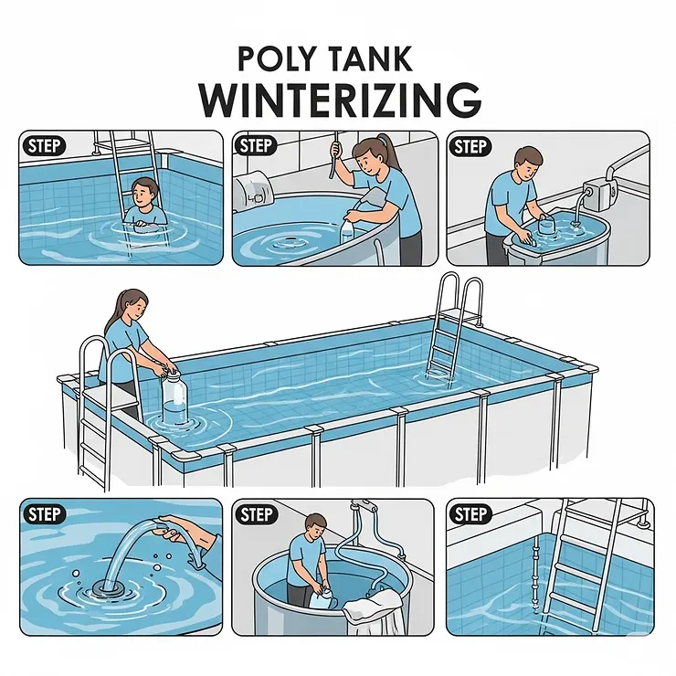 An illustration detailing the necessary steps for winterizing a poly tank pool to protect it from freezing temperatures.