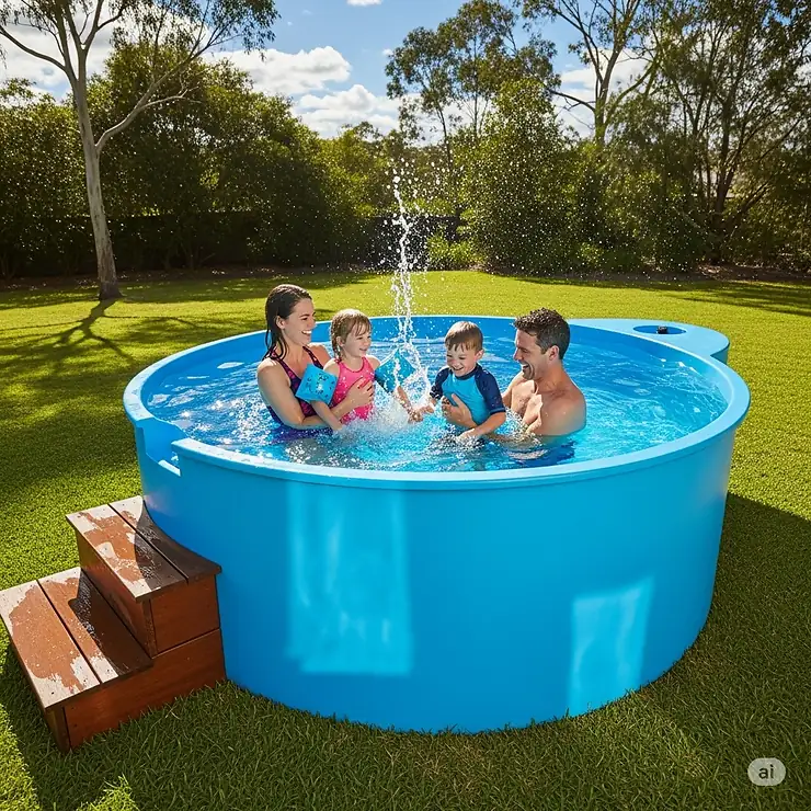 A family enjoys a sunny day splashing in their custom-built poly tank swimming pool, a unique and affordable backyard option.