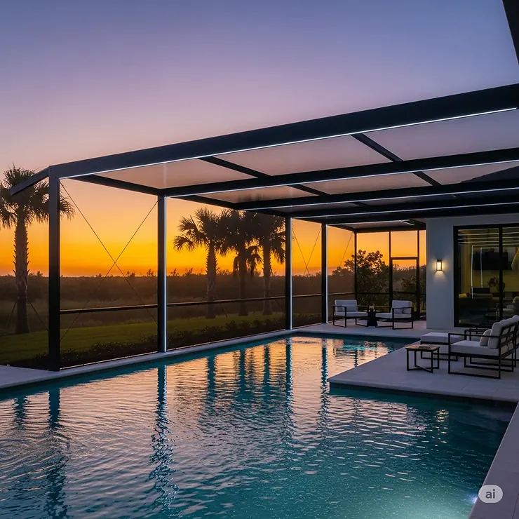 A beautiful, modern pool screen enclosure at sunset, providing a clear view of the surrounding landscape while keeping pests out.