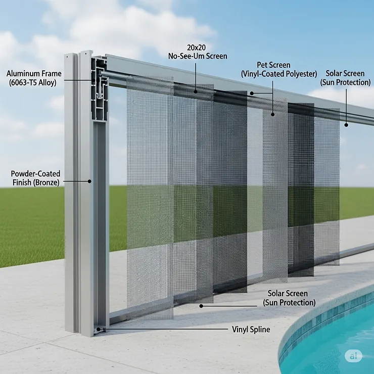 An illustration detailing the different materials used in pool screen enclosures, from aluminum frames to various types of screening.