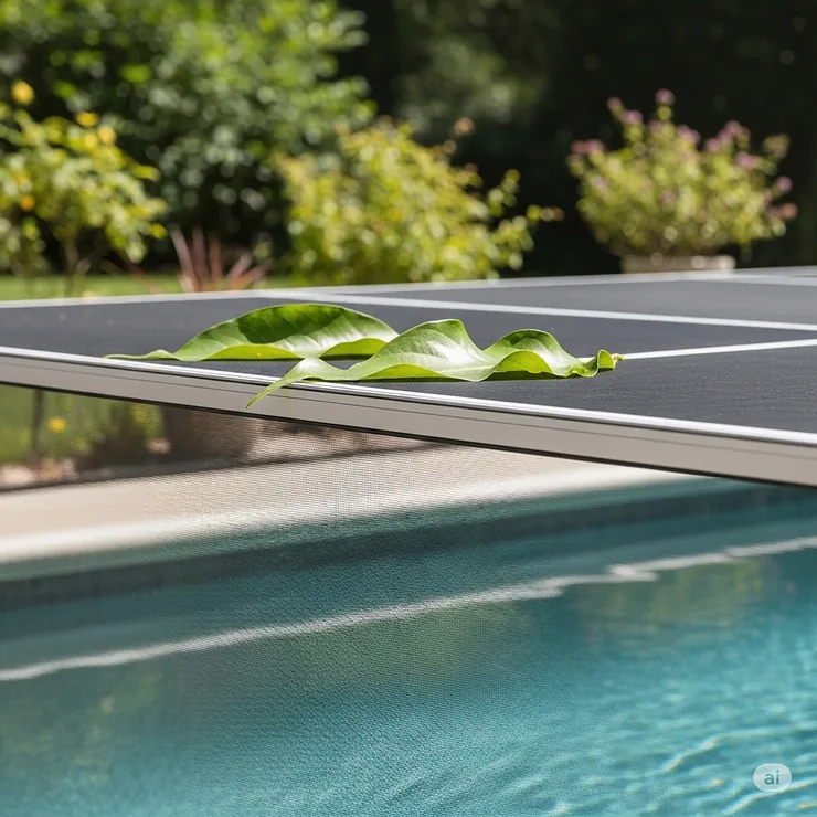 A close-up view of a high-quality swimming pool screen enclosure effectively preventing leaves and other debris from falling into the pool.
