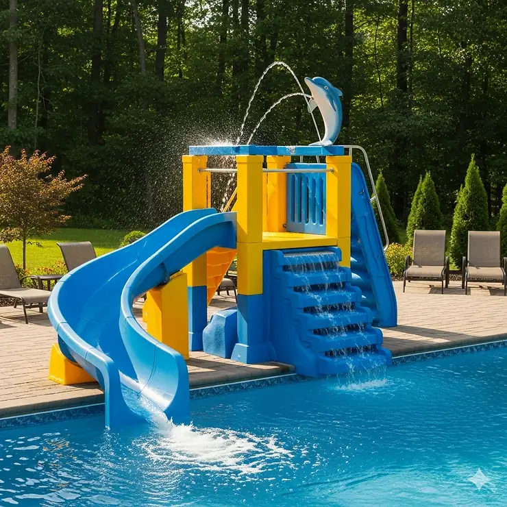 A fun pool slide for inground pools that includes a built-in water fountain feature.