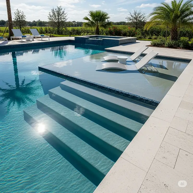 A rendering of a pool featuring a shallow tanning ledge with integrated stairs, providing a perfect spot for sunbathing and easy water entry.