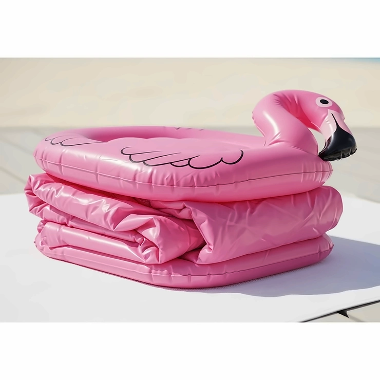 A deflated and folded portable flamingo inflatable pool, highlighting its compact and travel-friendly design.