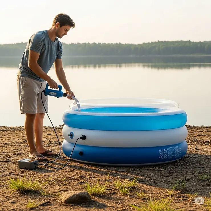 A person easily sets up a compact and portable inflatable lake pool using an electric air pump on the shore of a calm lake.