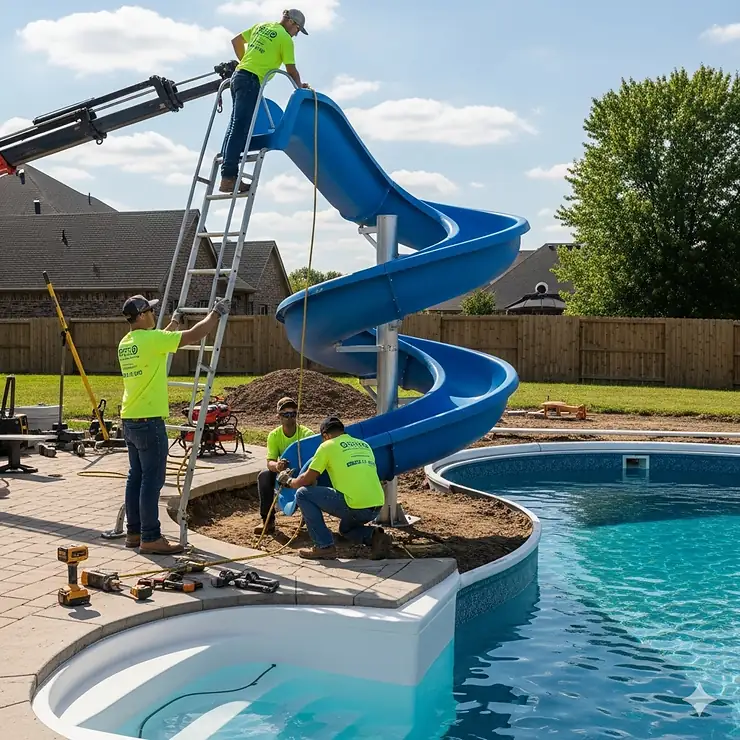A professional crew installing a new residential swimming pool slide for an inground pool.