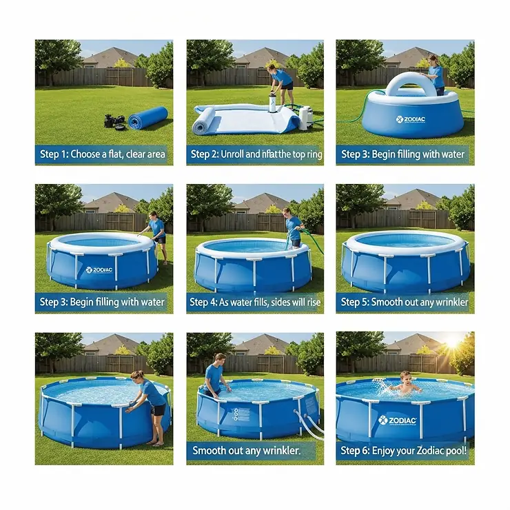 Step-by-step diagram showing how to easily set up a Zodiac inflatable swimming pool in a backyard.