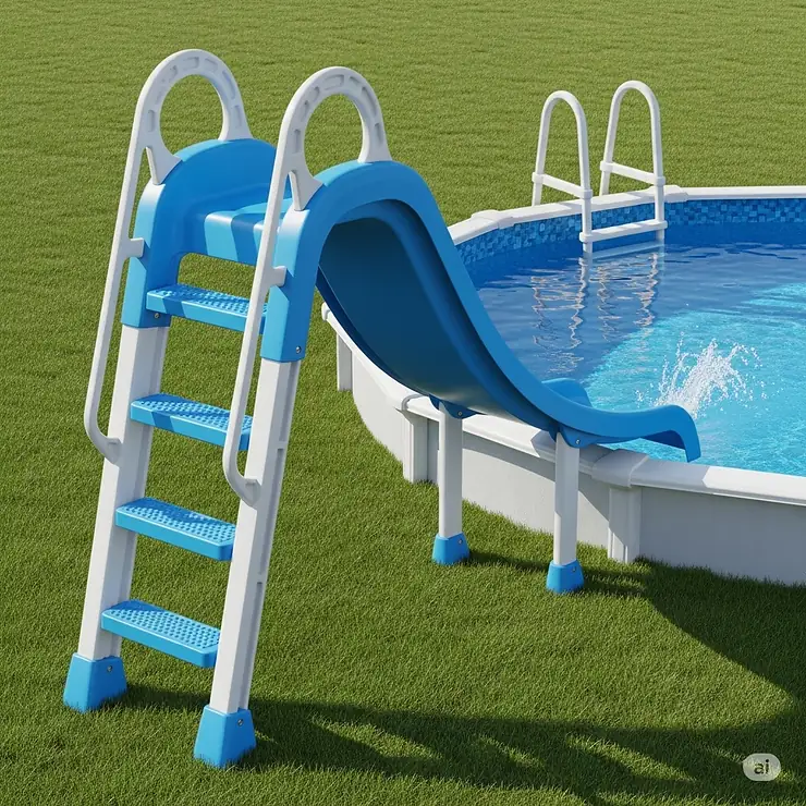 A compact, curved above-ground pool slide perfect for smaller pools, featuring a sturdy plastic frame and a non-slip ladder.