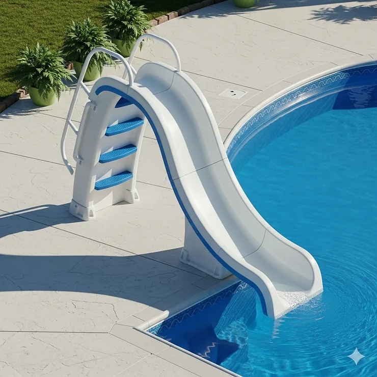 A small, compact curved pool slide, ideal for inground pools with limited space.