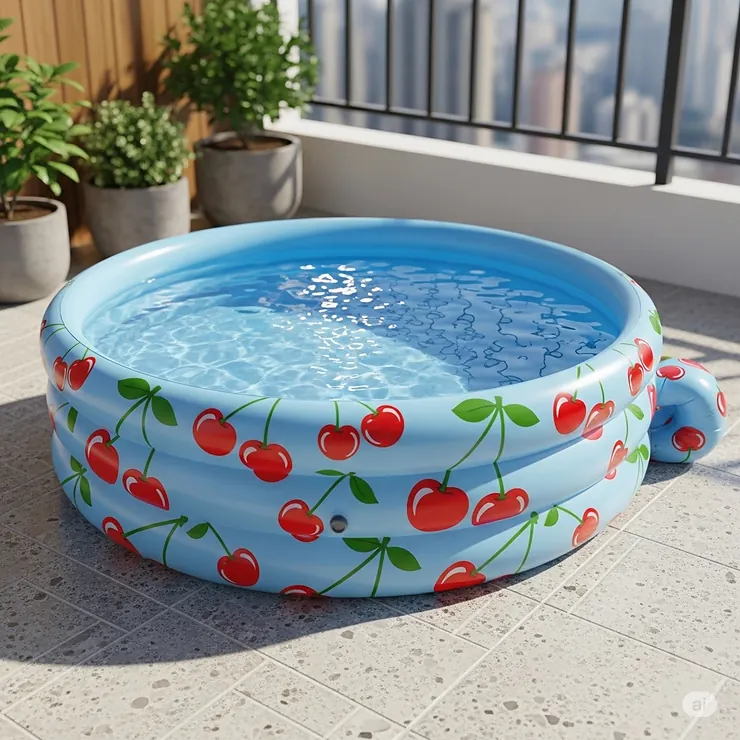 A compact, portable inflatable pool with a cute cherry design, perfect for a balcony or small patio.