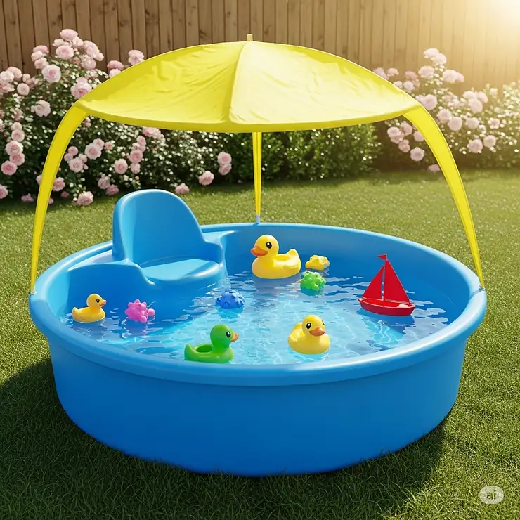 A shallow, small poly tank pool designed specifically for young children, offering a safe and fun way to cool off.
