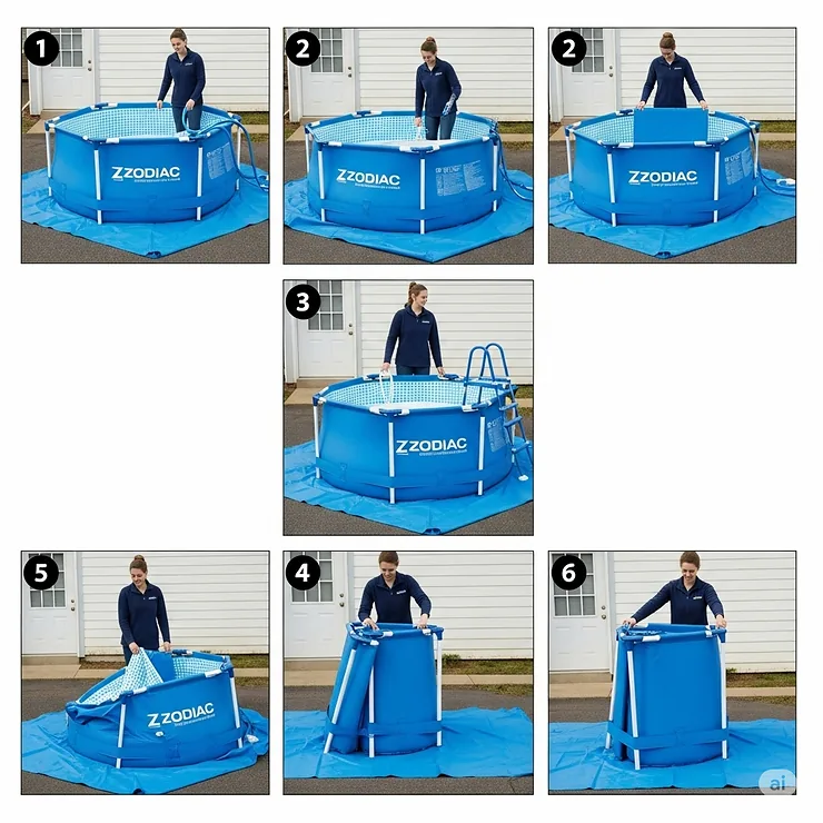 A visual instruction on how to correctly deflate, fold, and store a Zodiac inflatable swimming pool for winter.