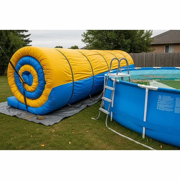A rolled-up inflatable slide, neatly stored and ready for the off-season, next to an above-ground pool.