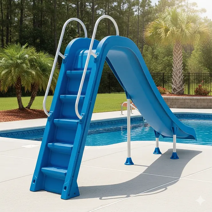 A classic, straight-leg swimming pool slide with a high-grip ladder, perfect for inground pools.
