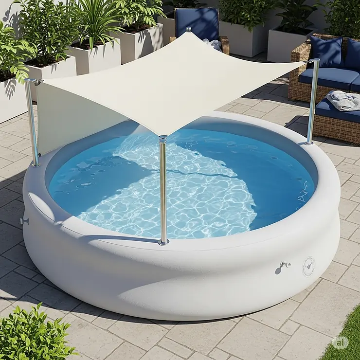A stylish, circular inflatable pool featuring a removable sun canopy for shade, shown on a sunny patio.