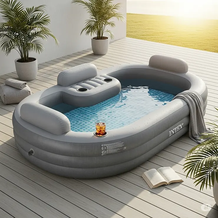 An elegant inflatable lounge pool by Intex with comfortable built-in headrests and cup holders, ideal for adults.