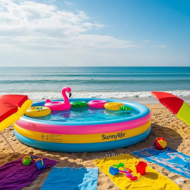 A Sunnylife inflatable pool positioned on a sandy beach for a fun day by the sea.