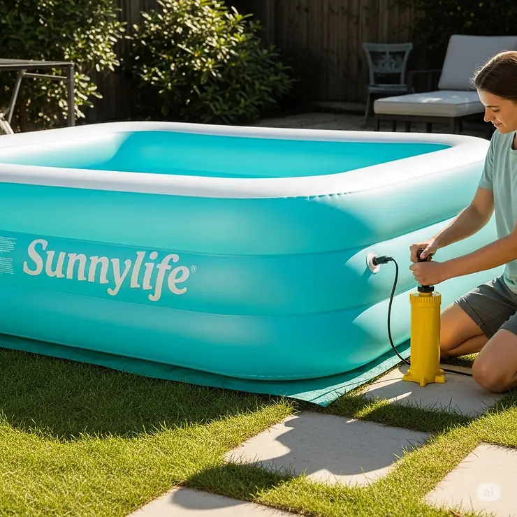 Person using an air pump to inflate a brand new Sunnylife pool.