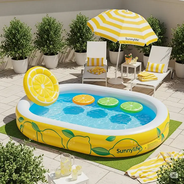 Stylish lemon-themed Sunnylife inflatable pool set up on a patio.
