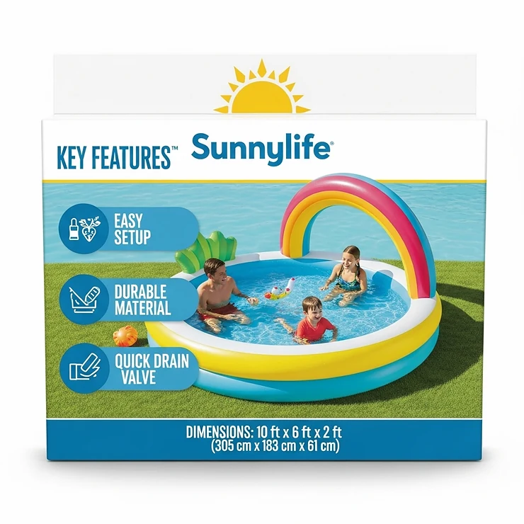 Sunnylife inflatable pool packaging, highlighting key features and dimensions.
