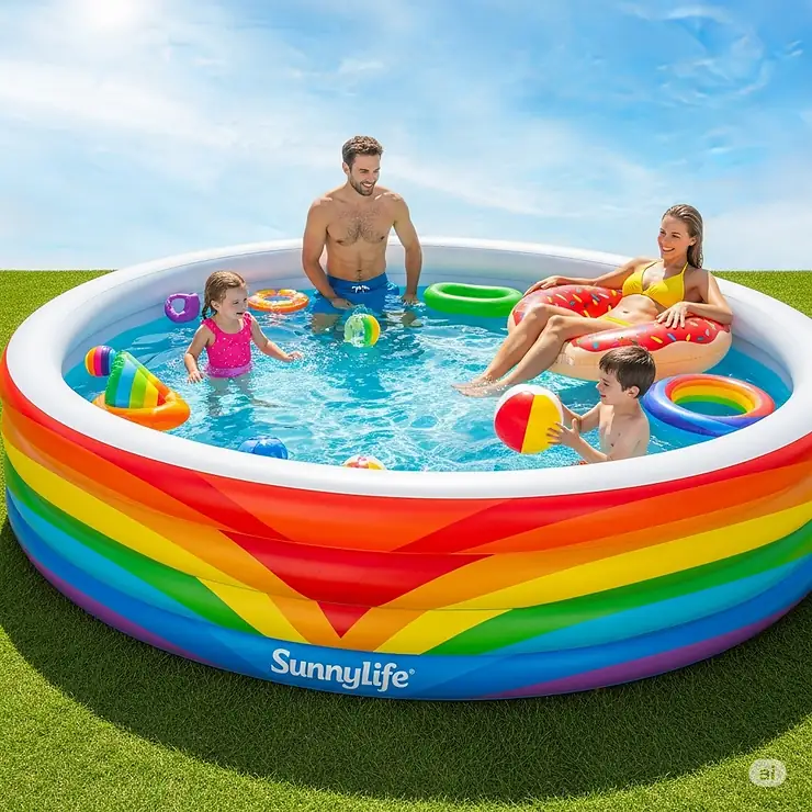 Colorful rainbow-themed Sunnylife inflatable pool with a family enjoying the summer.