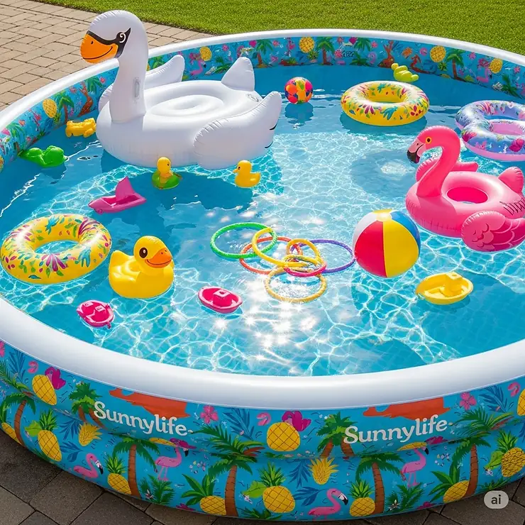 Sunnylife inflatable pool filled with various floating toys and accessories.