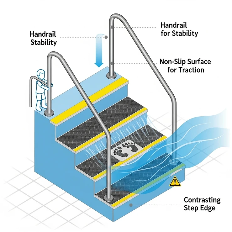 A schematic highlighting safety features of swimming pool stairs, such as handrails and non-slip surfaces, crucial for families with children.