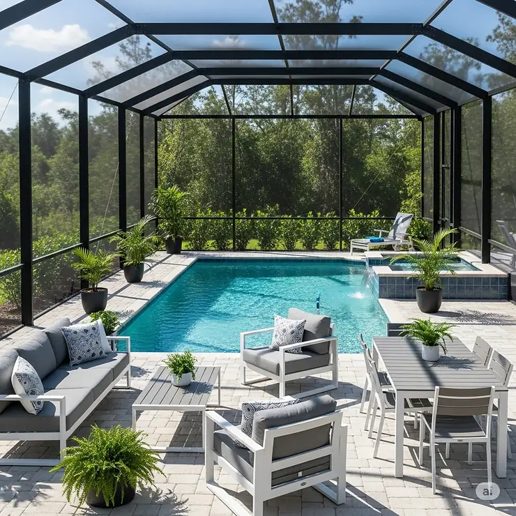 A beautiful swimming pool screen enclosure, seamlessly integrated with a modern patio, provides a bug-free space for outdoor living and relaxation. swimming pool screen enclosures