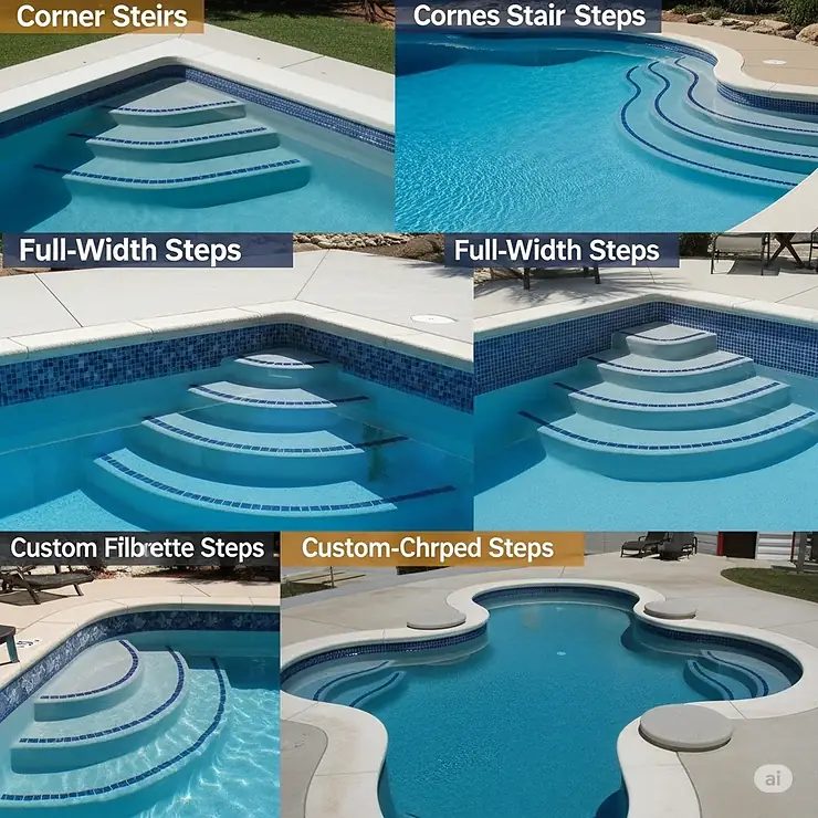 A visual showing various swimming pool stairs design options, including corner steps, full-width entries, and custom shapes.