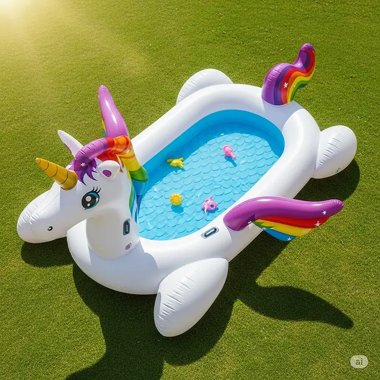 An overhead view of the unicorn inflatable pool, revealing its full shape and design, including the spacious wading area.