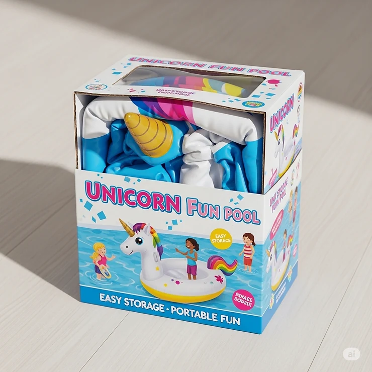 The unicorn inflatable pool, deflated and neatly folded inside its compact box, showing its easy storage and portability.