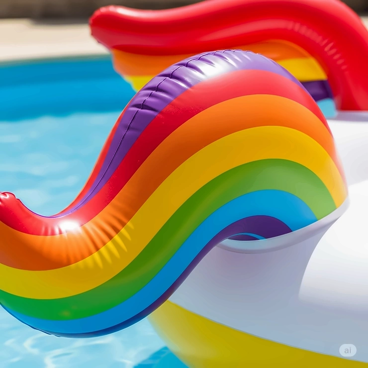 A close-up of the unicorn inflatable pool's colorful rainbow-striped tail, adding to its whimsical and magical design.