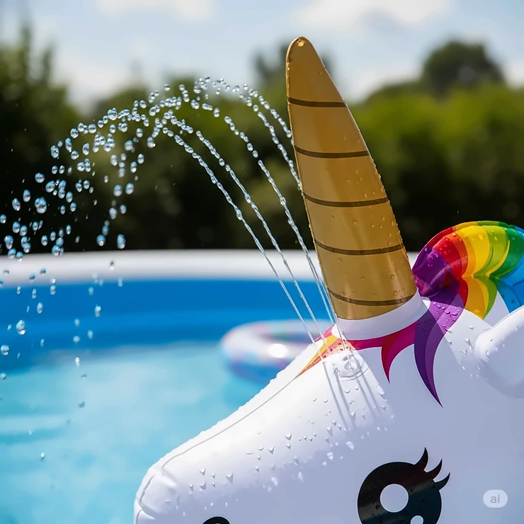 A close-up of the unicorn inflatable pool's horn, which acts as a sprinkler, spraying a gentle stream of water for added fun.