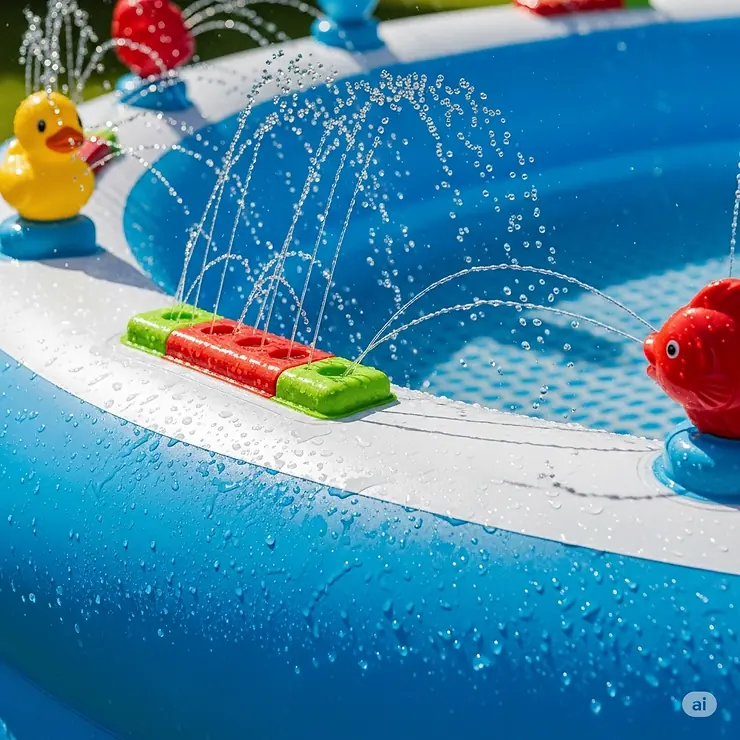 A detailed shot of the water sprayer and sprinkler features on the side of a giant inflatable pool.