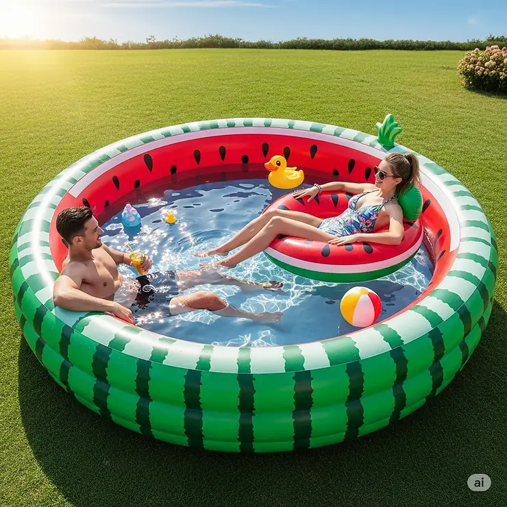Two adults relaxing and cooling off in a spacious watermelon inflatable pool.