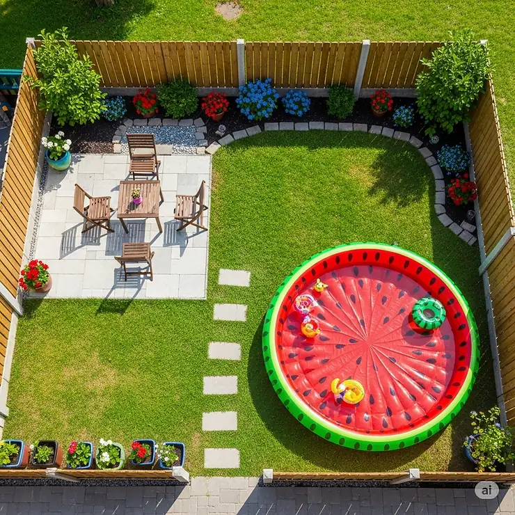 An aerial view of a small backyard with a colorful watermelon inflatable pool as the centerpiece.