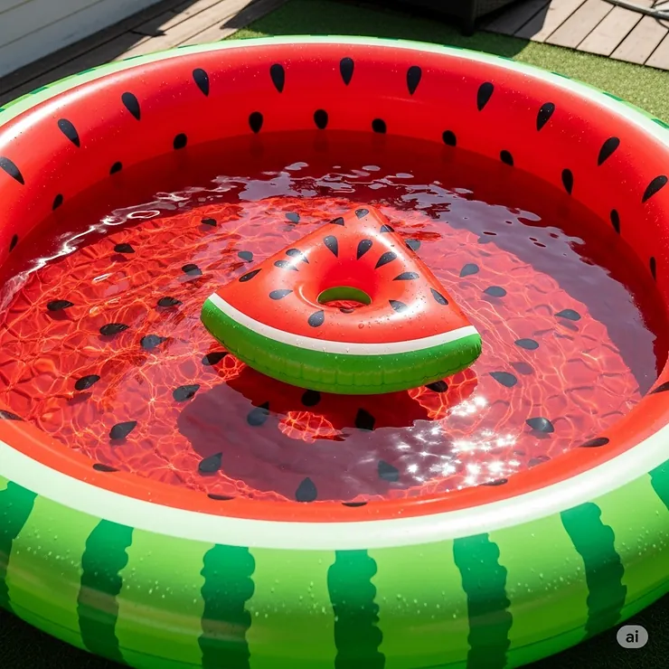 A fun, smaller watermelon-slice floatie inside a larger watermelon inflatable pool.