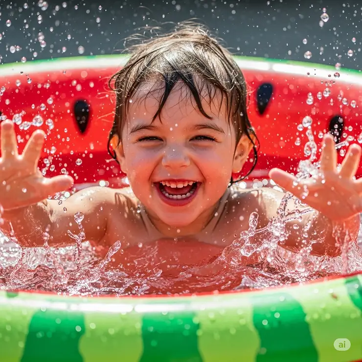 A close-up of a child laughing and splashing in a bright red and green watermelon inflatable pool.