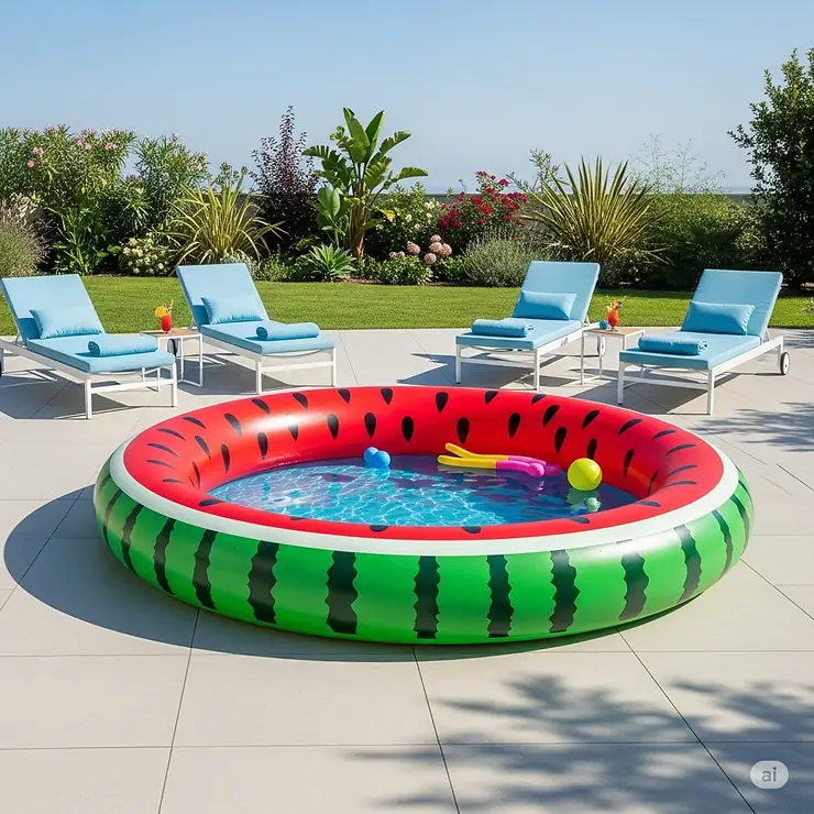 A refreshing watermelon inflatable pool set up on a clean patio area, surrounded by sun loungers.