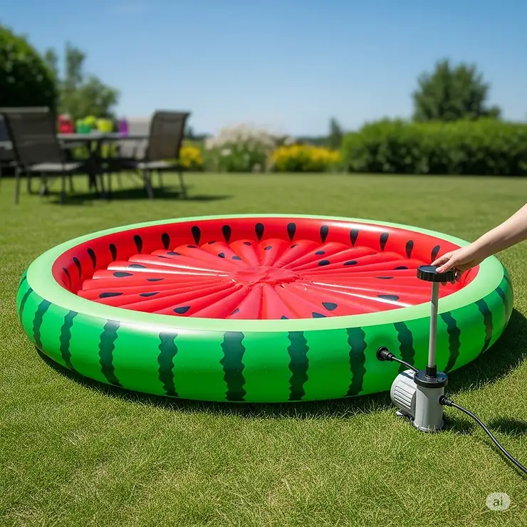 An image of a watermelon inflatable pool being inflated with an electric pump, ready for use.
