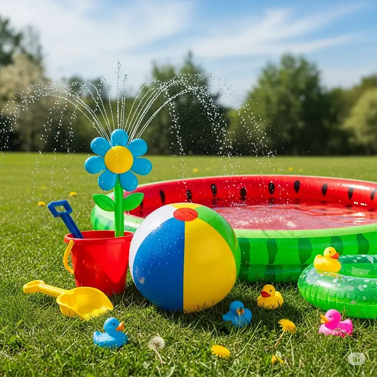 Various colorful water toys, including a beach ball and sprinkler, scattered around a watermelon inflatable pool.