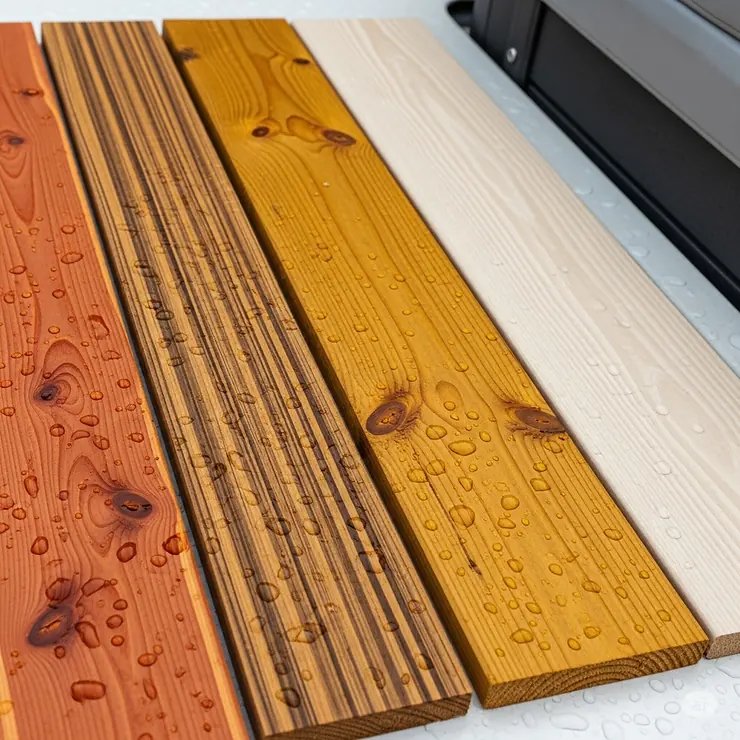 An assortment of wood samples, including cedar and redwood, ideal for building a durable jacuzzi deck.