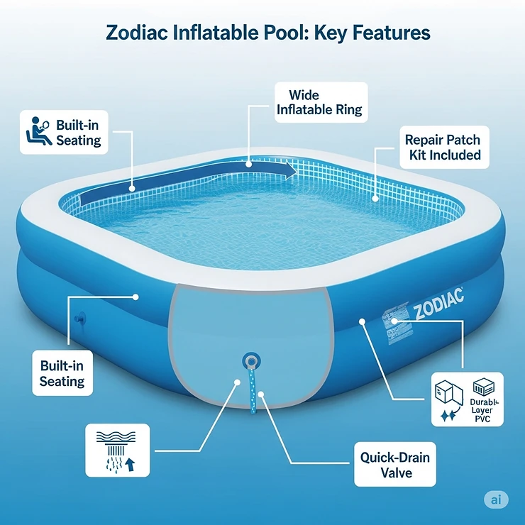 An infographic illustrating key features of the Zodiac inflatable pool, such as built-in seats and a quick-drain valve.