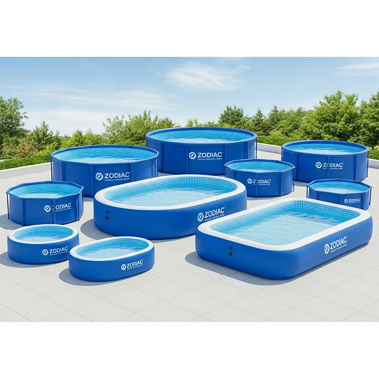 A visual comparison of various sizes and shapes of Zodiac inflatable pools, including round, oval, and rectangular models.